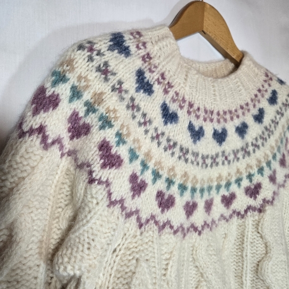 Vintage Hearts Wool Mohair Chunky Knit Sweater Fair Isle Grandma Cottagecore M - Picture 3 of 9